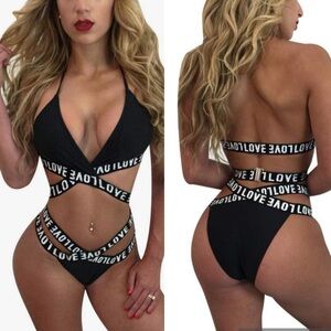 New Love 2 Piece Cross Halter Padded Bikini Bathing Swim Suit Set Black Medium
